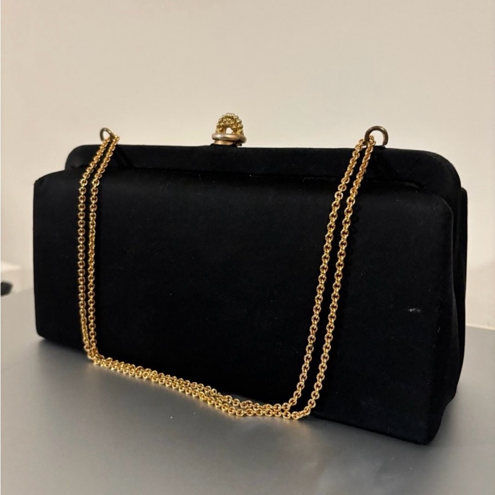 Black Satin 1950s After Five Evening Bag with Gold Chain handle.
